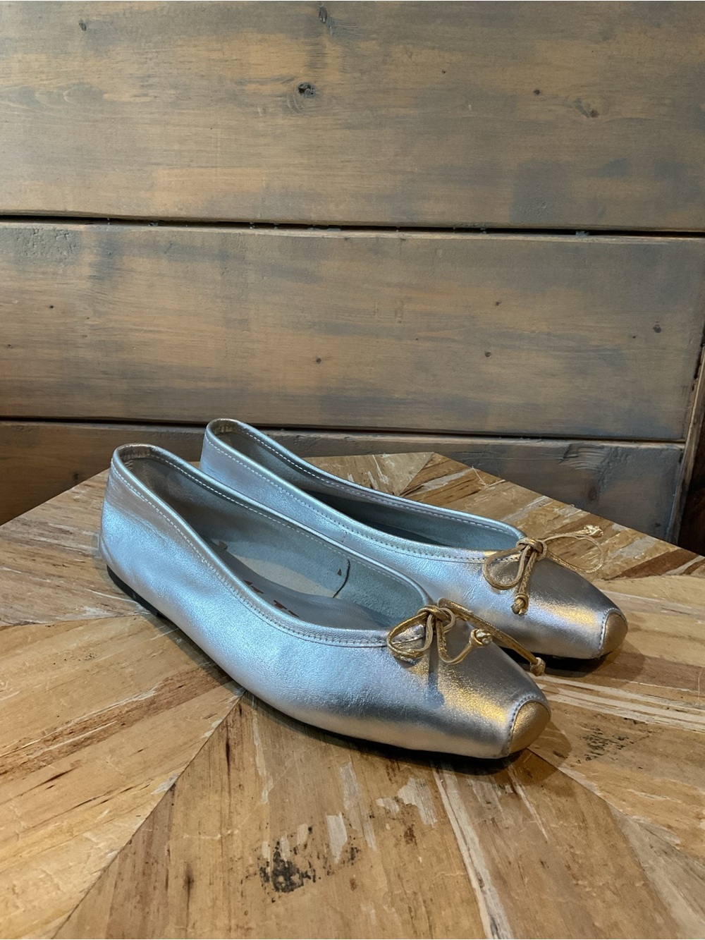 Sam & Libby Silver Leather Ballet Flats with Bow Accent